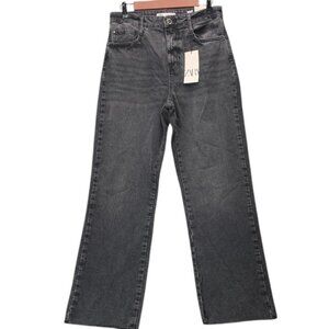 ZARA Straight Fit‎ Jeans Women’s 8 Black High Rise Ankle Rigid Denim Pants NWT